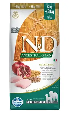 Farmina N&D Ancestral Grain Dog Chicken & Pomegranate Adult Medium & Maxi сухой низкозерновой корм для взрослых собак средних и крупных пород с курицей и гранатом